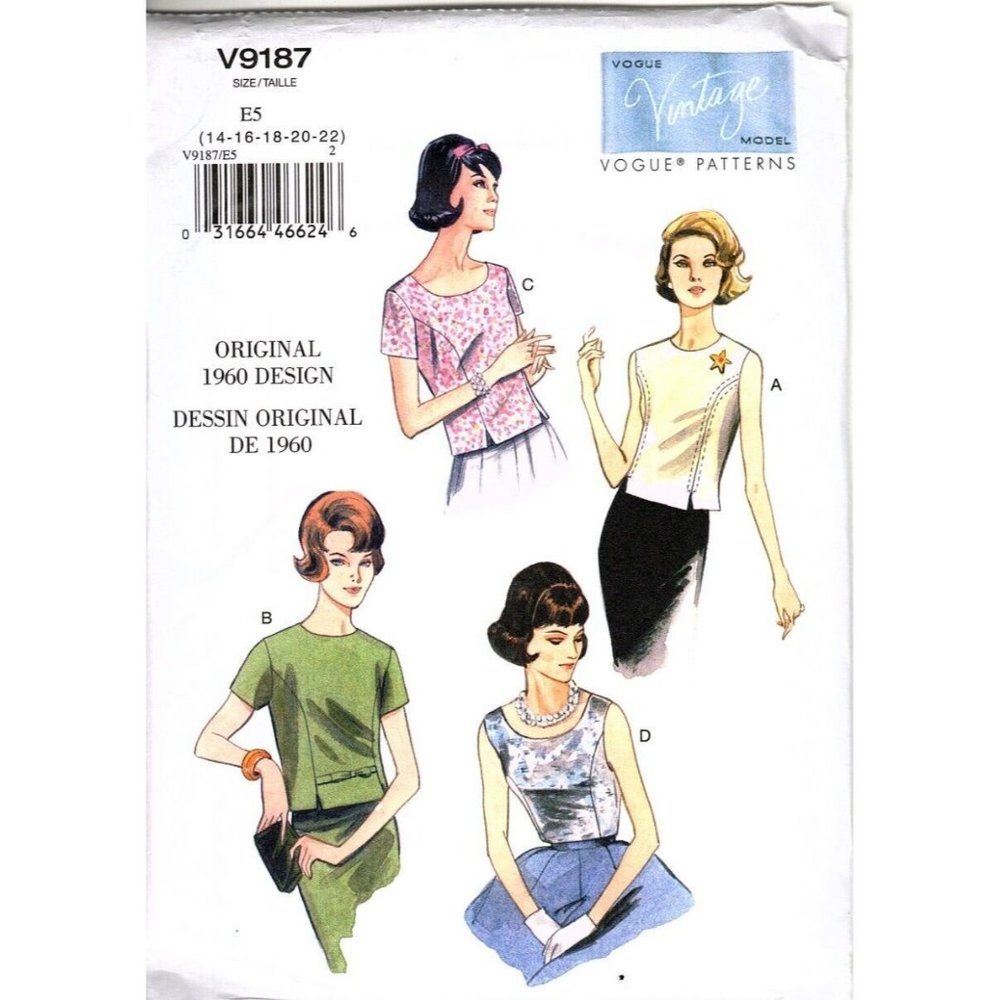 Vogue V9187 Misses 14 to 22 Circa 1960 Top UNCUT Sewing Pattern